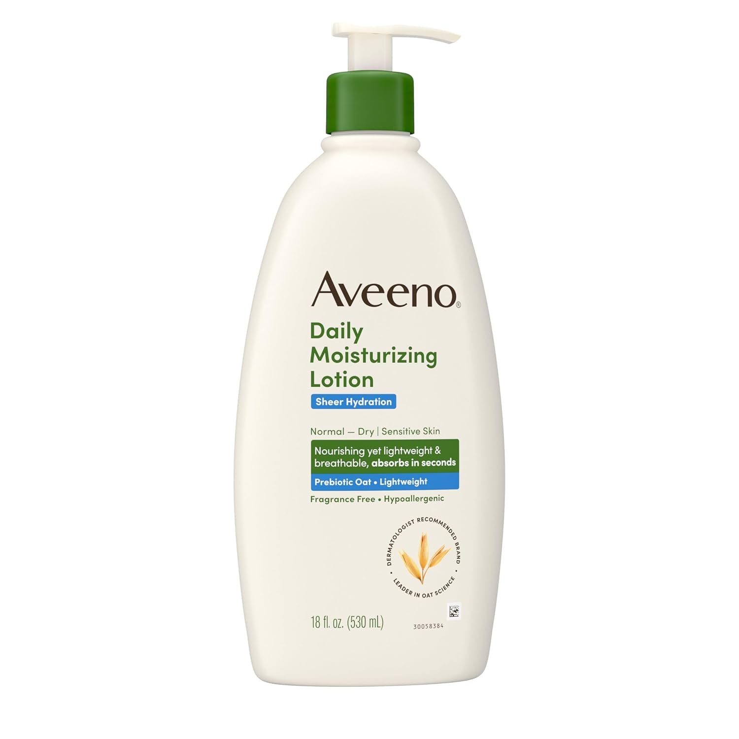 Aveeno Sheer Hydration Daily Moisturizing Fragrance-Free Lotion with Nourishing Prebiotic Oat, Fast-Absorbing Body Moisturizer for Dry Skin with Lightweight, Breathable Feel, 18 Fl. Oz