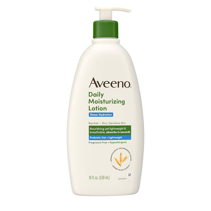Aveeno Sheer Hydration Daily Moisturizing Fragrance-Free Lotion with Nourishing Prebiotic Oat, Fast-Absorbing Body Moisturizer for Dry Skin with Lightweight, Breathable Feel, 18 Fl. Oz