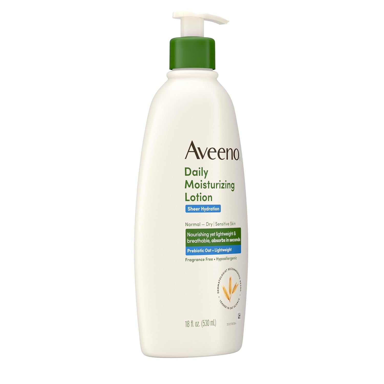 Aveeno Sheer Hydration Daily Moisturizing Fragrance-Free Lotion with Nourishing Prebiotic Oat, Fast-Absorbing Body Moisturizer for Dry Skin with Lightweight, Breathable Feel, 18 Fl. Oz