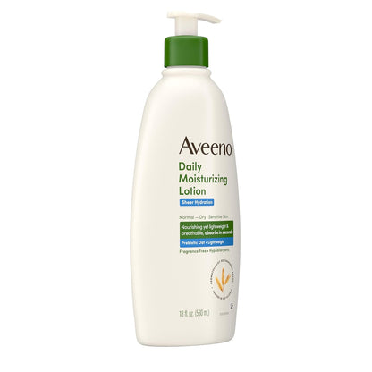 Aveeno Sheer Hydration Daily Moisturizing Fragrance-Free Lotion with Nourishing Prebiotic Oat, Fast-Absorbing Body Moisturizer for Dry Skin with Lightweight, Breathable Feel, 18 Fl. Oz