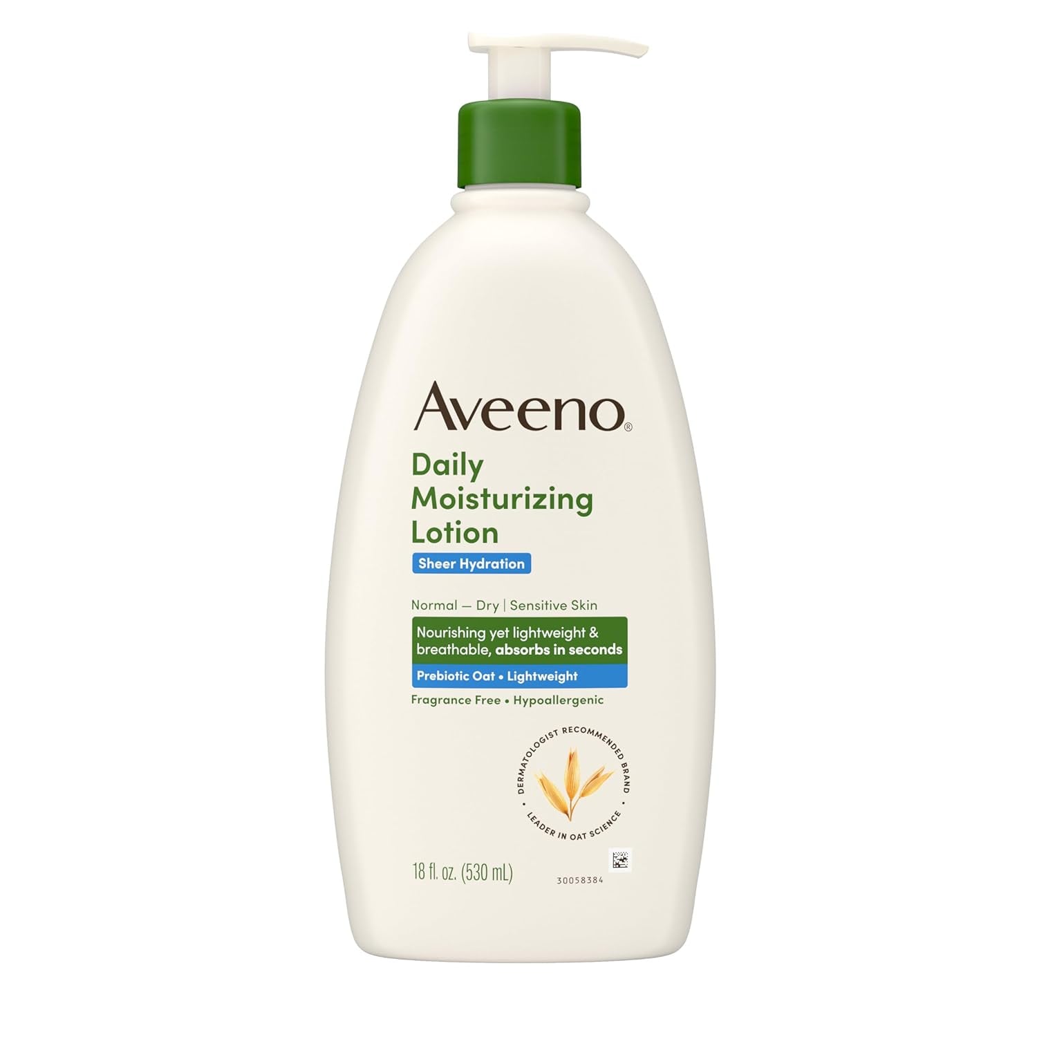 Aveeno Sheer Hydration Daily Moisturizing Fragrance-Free Lotion with Nourishing Prebiotic Oat, Fast-Absorbing Body Moisturizer for Dry Skin with Lightweight, Breathable Feel, 18 Fl. Oz