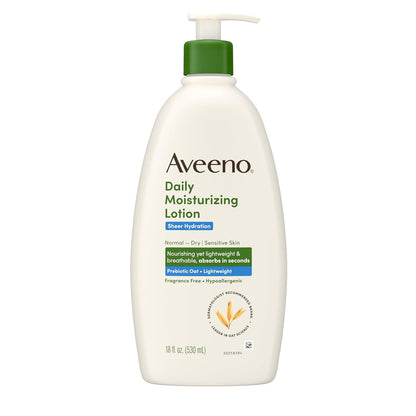 Aveeno Sheer Hydration Daily Moisturizing Fragrance-Free Lotion with Nourishing Prebiotic Oat, Fast-Absorbing Body Moisturizer for Dry Skin with Lightweight, Breathable Feel, 18 Fl. Oz