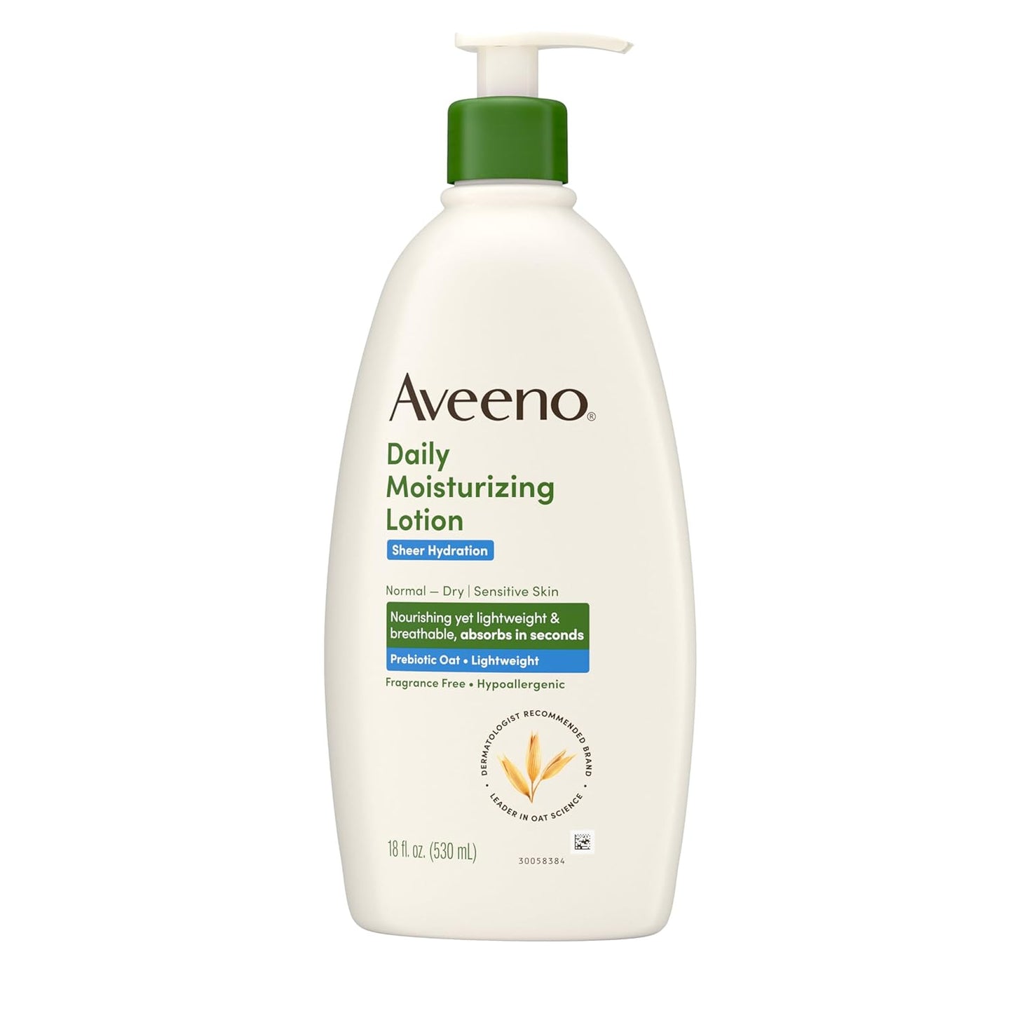 Aveeno Sheer Hydration Daily Moisturizing Fragrance-Free Lotion with Nourishing Prebiotic Oat, Fast-Absorbing Body Moisturizer for Dry Skin with Lightweight, Breathable Feel, 18 Fl. Oz