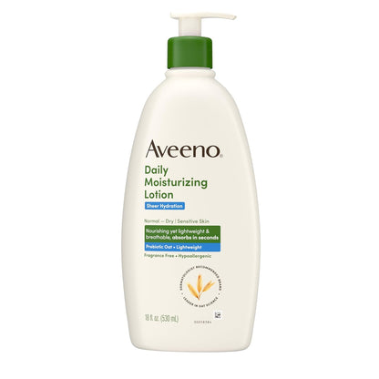 Aveeno Sheer Hydration Daily Moisturizing Fragrance-Free Lotion with Nourishing Prebiotic Oat, Fast-Absorbing Body Moisturizer for Dry Skin with Lightweight, Breathable Feel, 18 Fl. Oz