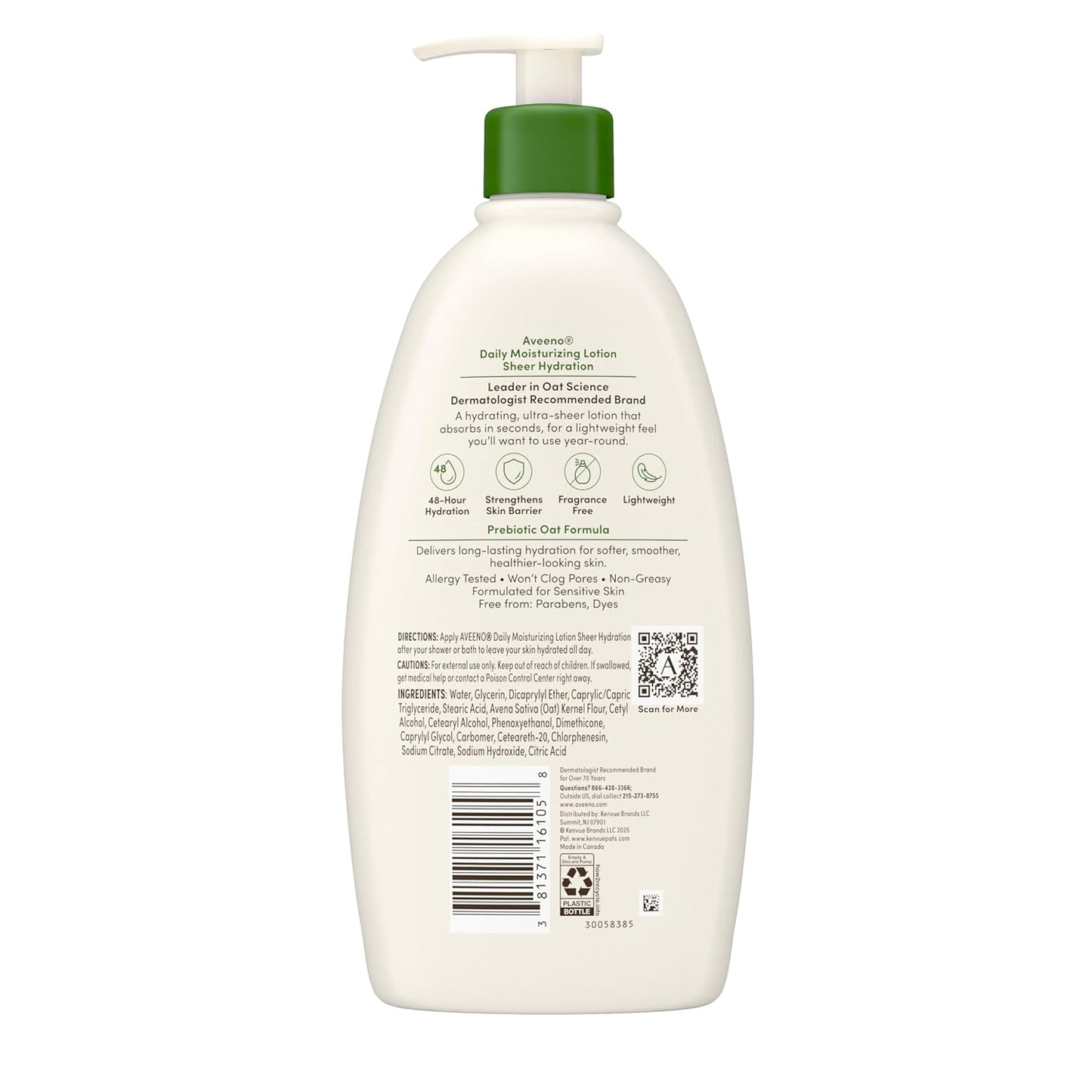 Aveeno Sheer Hydration Daily Moisturizing Fragrance-Free Lotion with Nourishing Prebiotic Oat, Fast-Absorbing Body Moisturizer for Dry Skin with Lightweight, Breathable Feel, 18 Fl. Oz