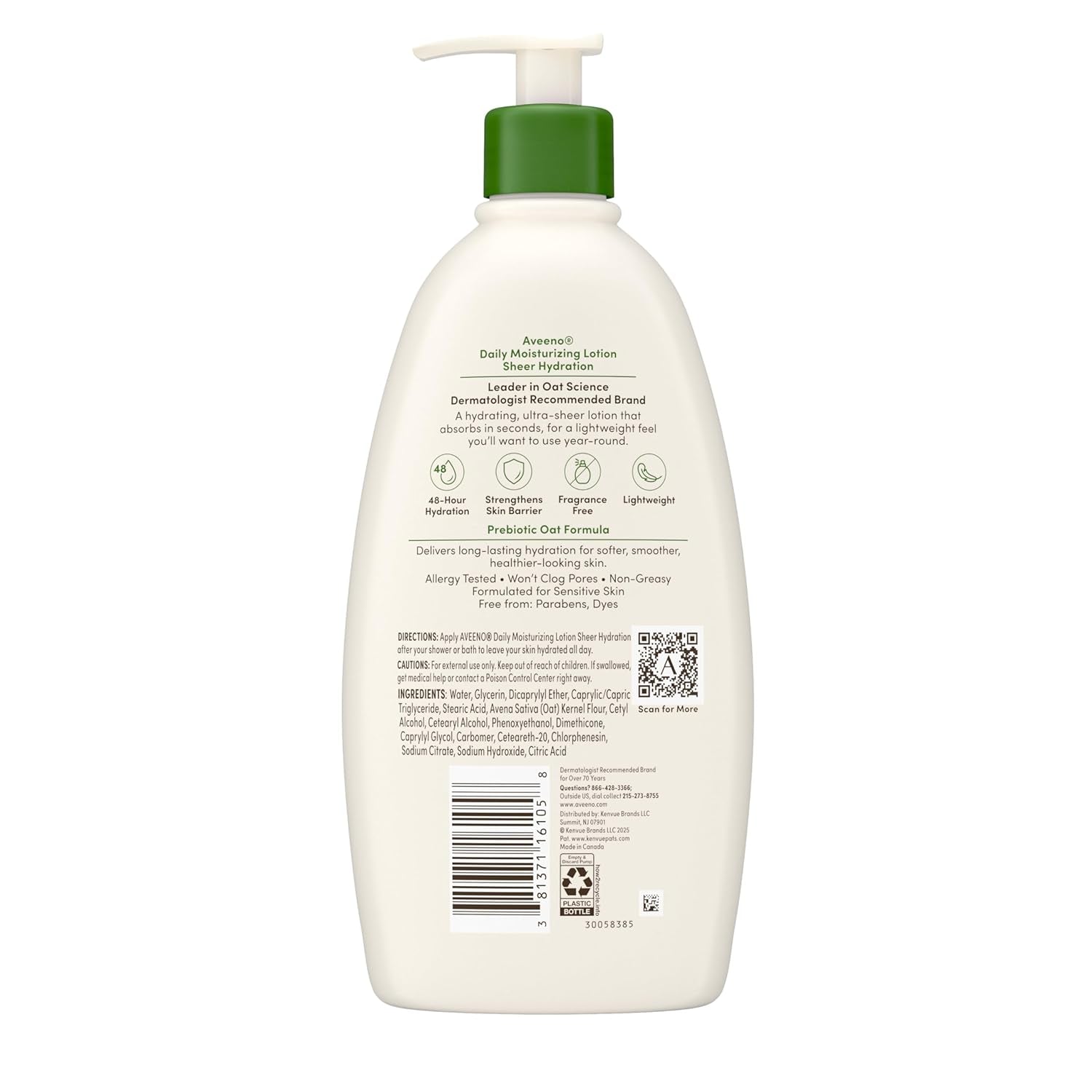 Aveeno Sheer Hydration Daily Moisturizing Fragrance-Free Lotion with Nourishing Prebiotic Oat, Fast-Absorbing Body Moisturizer for Dry Skin with Lightweight, Breathable Feel, 18 Fl. Oz