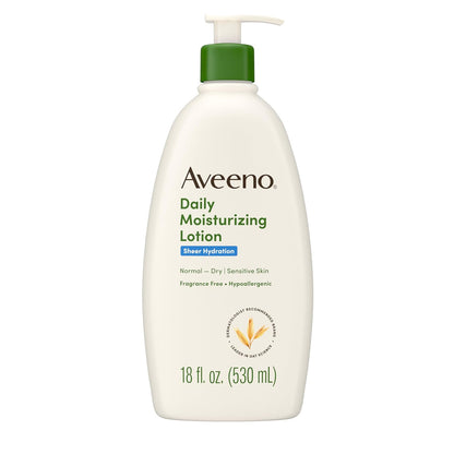 Aveeno Sheer Hydration Daily Moisturizing Fragrance-Free Lotion with Nourishing Prebiotic Oat, Fast-Absorbing Body Moisturizer for Dry Skin with Lightweight, Breathable Feel, 18 Fl. Oz